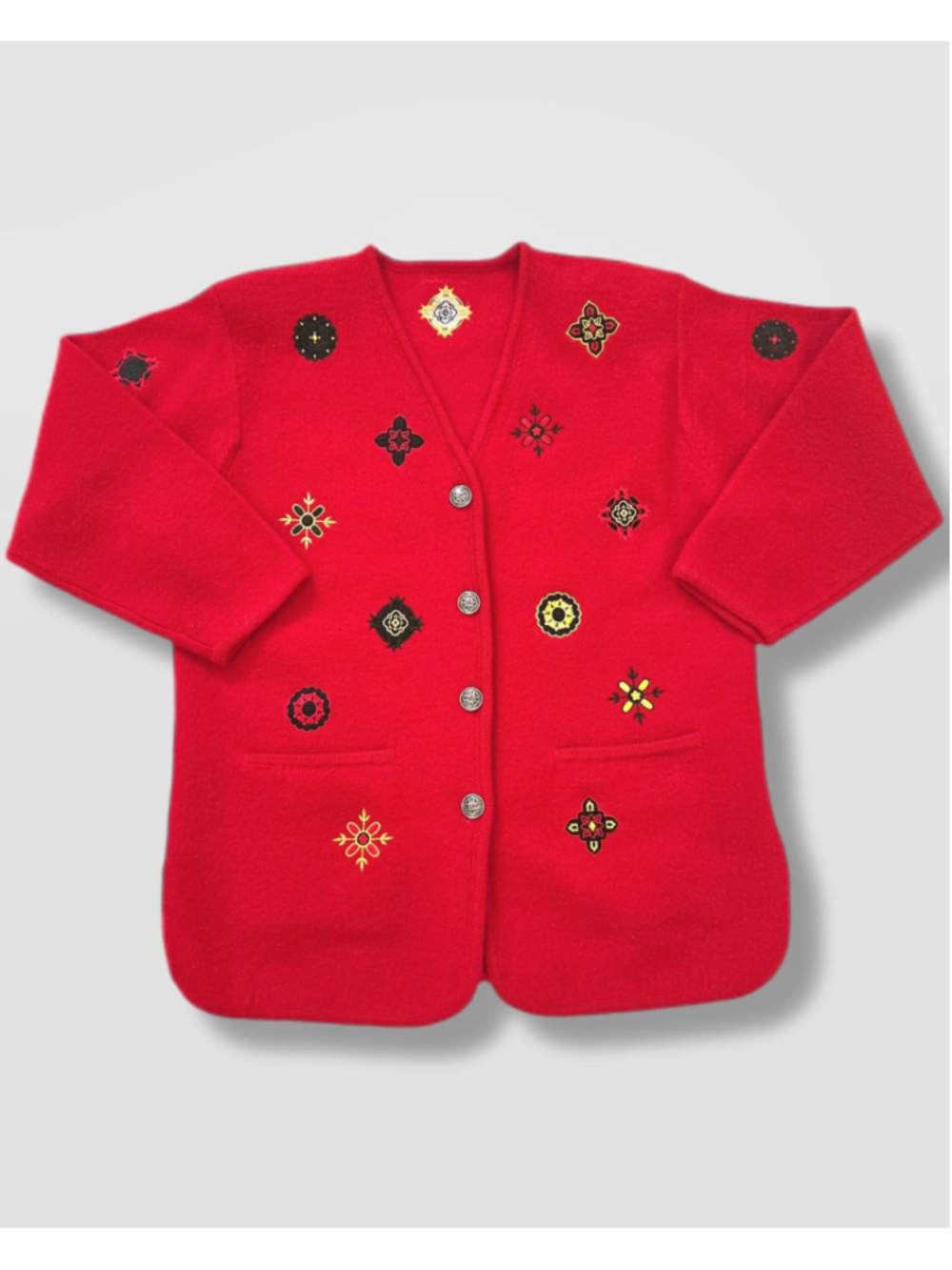 Vintage folk red embroidered cardigan, grannycore wool‑blend feel, L/XL